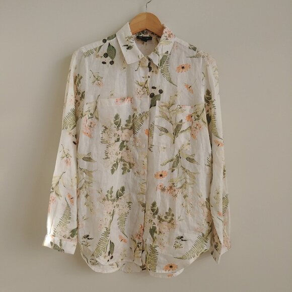 Lord + Taylor 100% linen off white cream button down shirt blouse floral Small - Picture 4 of 16